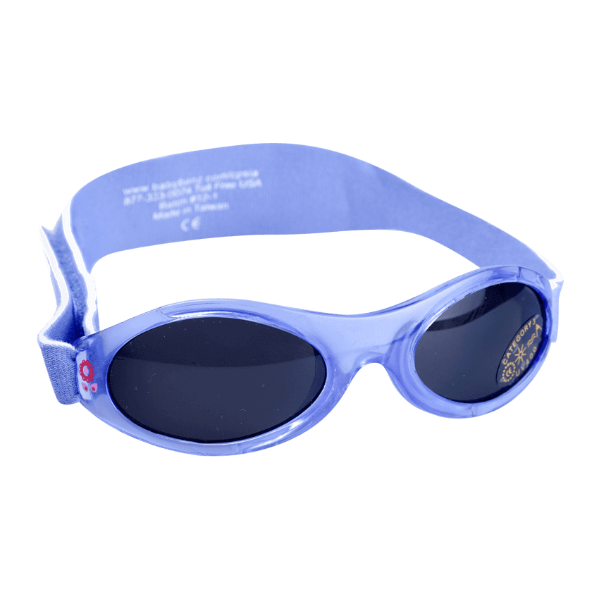 Solbriller for barn og baby i klassisk stil. Herlig lilla farge med små blomster på båndet.