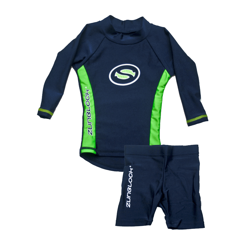 Zunblock langermet UV-trøye og shorts - Navy og neon grønn